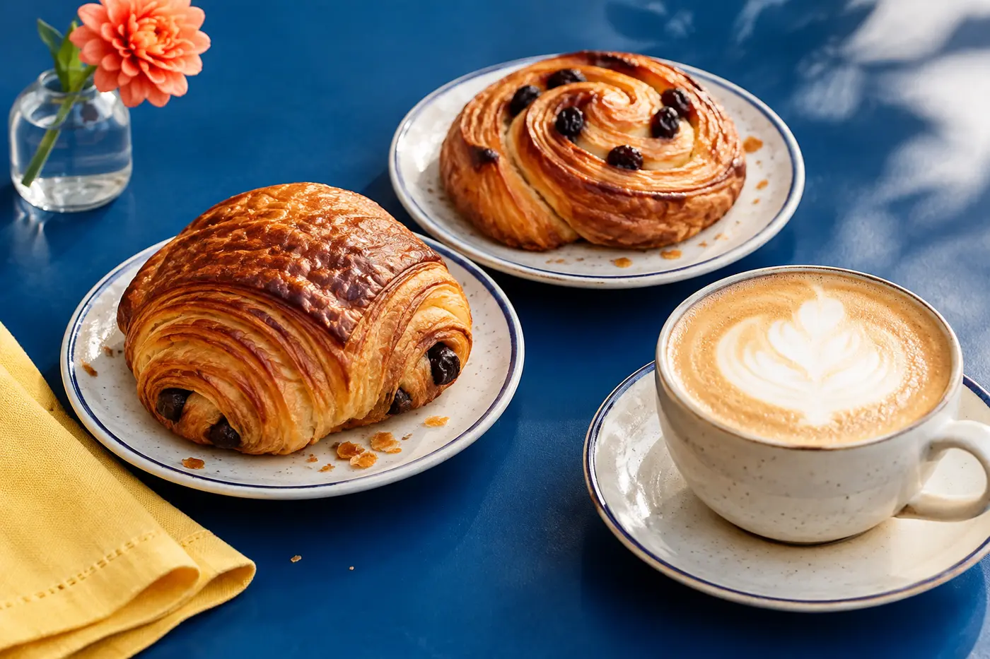 Fresh pastries and cappuccino on a blue café table